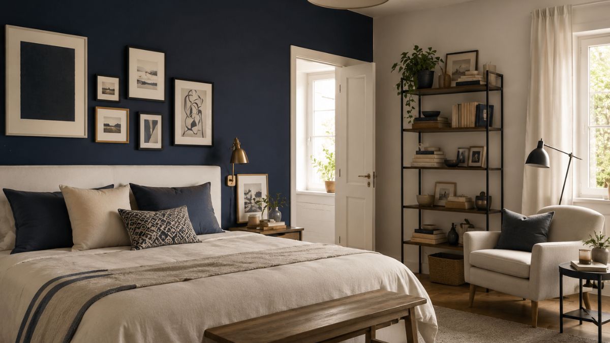 Dormitorio acogedor con pared azul marino
