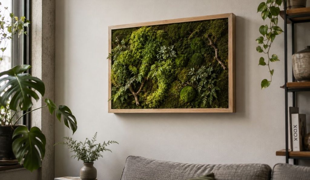 Salon acogedor con arte de musgo y plantas