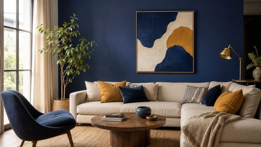 Salon acogedor con pared azul indigo