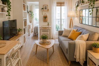 Cómo decorar un piso pequeño sin gastar mucho dinero 7 Salon escandinavo lleno de plantas