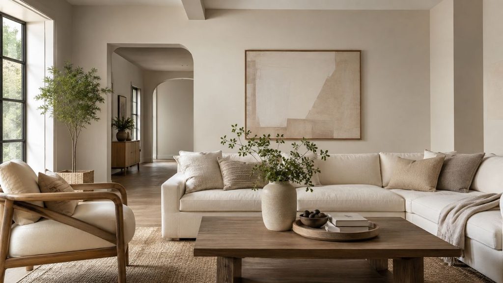 Salon minimalista con arco y vegetacion