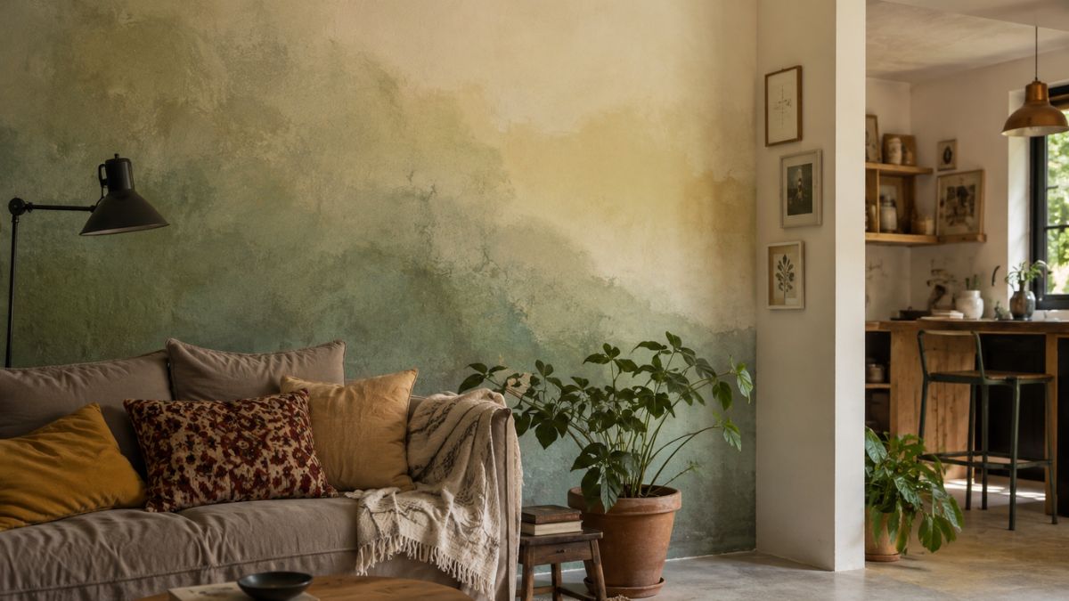 Salon rustico con cocina abierta y plantas