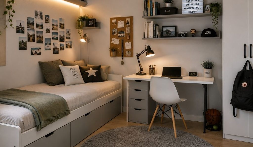 Dormitorio juvenil acogedor con rincon de estudio