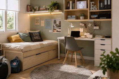Ideas prácticas para decorar y organizar una habitación juvenil optimizando el espacio disponible 4 Dormitorio nordico con rincon de estudio