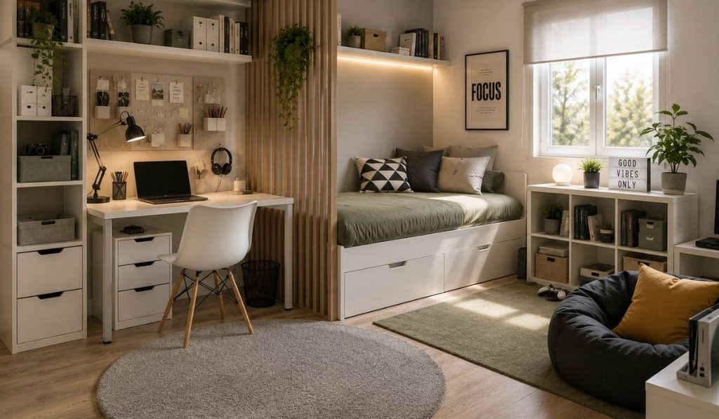 Dormitorio nordico con rincon de estudio y relax