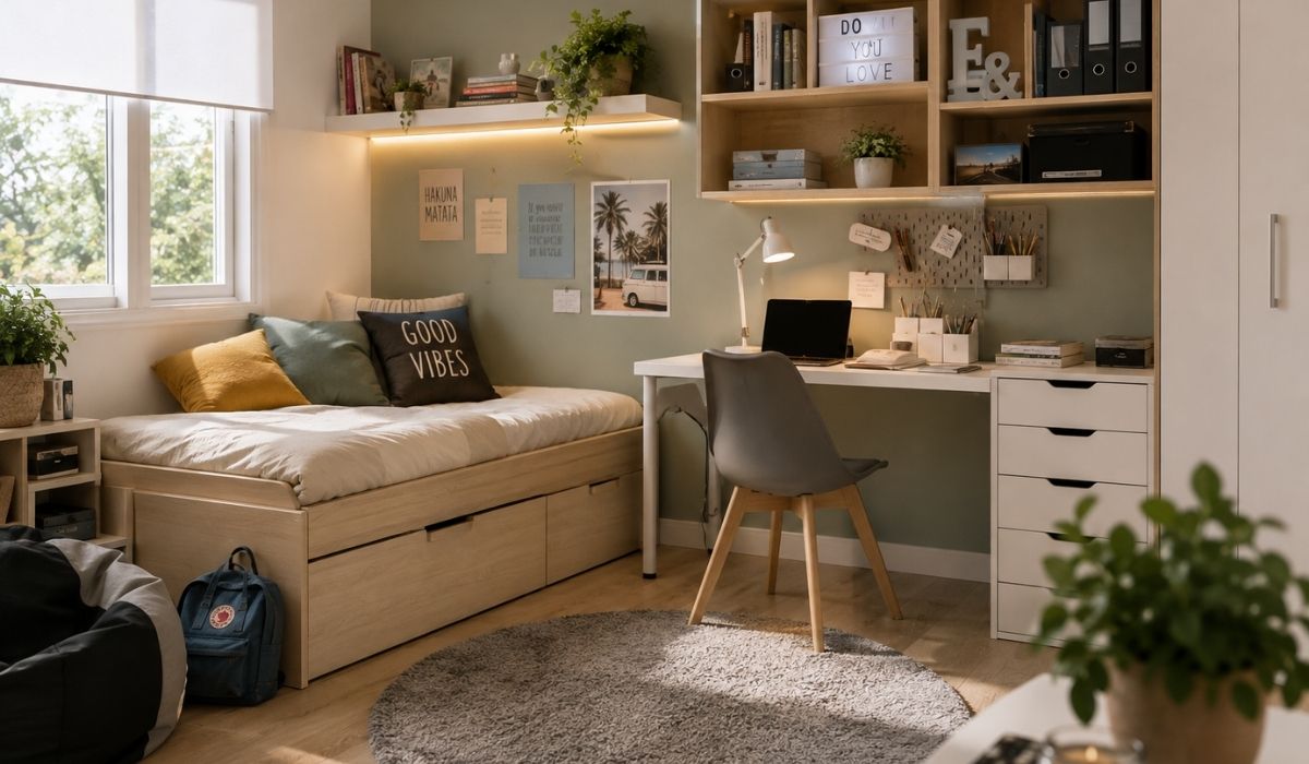 Dormitorio nordico con rincon de estudio