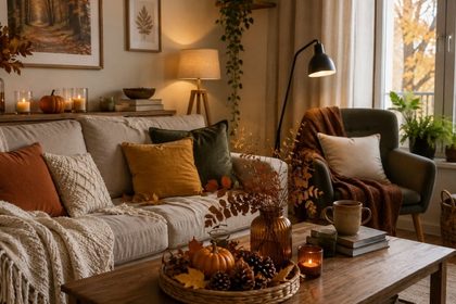 10 ideas decorativas imprescindibles para llenar tu casa de estilo este otoño 5 Salon otonal acogedor con velas