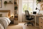 Dormitorio minimalista con rincon de trabajo