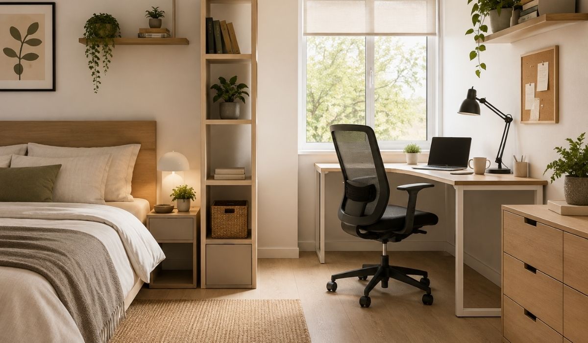 Dormitorios adaptados al teletrabajo: cómo conciliar descanso y productividad en un mismo espacio 1 Dormitorio minimalista con rincon de trabajo