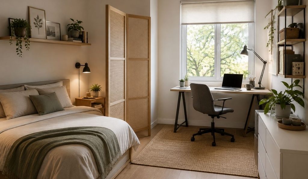 Dormitorios adaptados al teletrabajo: cómo conciliar descanso y productividad en un mismo espacio 2 Dormitorio nordico con rincon de trabajo
