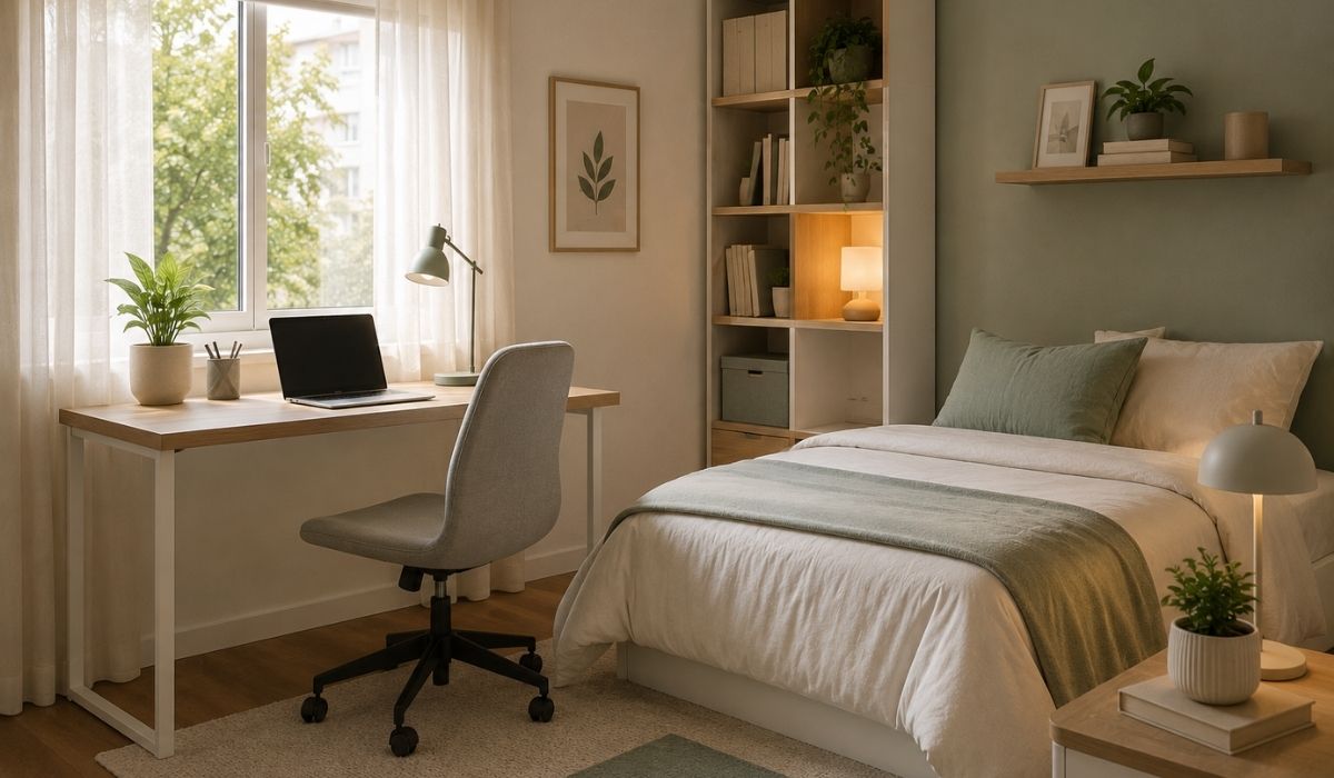 Dormitorios adaptados al teletrabajo: cómo conciliar descanso y productividad en un mismo espacio 5 Dormitorio sereno con rincon de trabajo y plantas