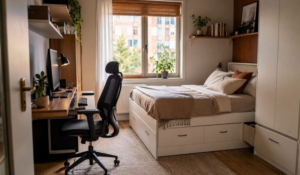 Dormitorios adaptados al teletrabajo: cómo conciliar descanso y productividad en un mismo espacio 3 Dormitorio y oficina escandinavos